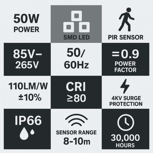 SIC 50W PIR Motion Sensor LED Flood Light | Waterproof Outdoor SMD Light (85V-265V) – PF 0.9 - Image 3