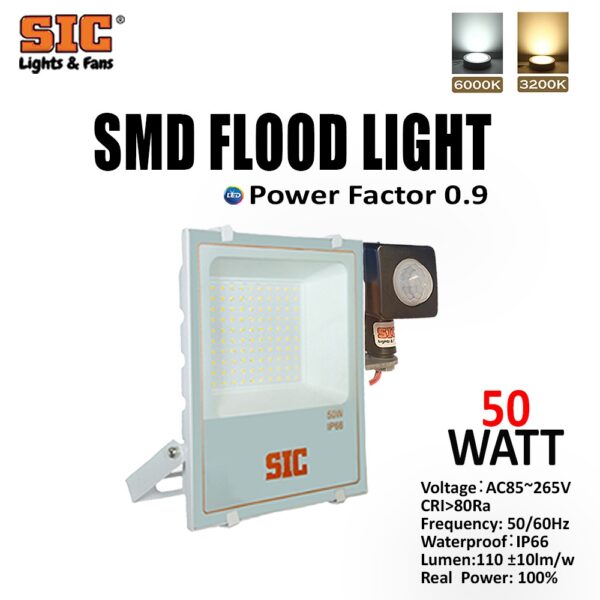 SIC 50W Outdoor LED Flood Light with Motion Sensor – Waterproof IP66 Security Light | Cool/Warm Light, PF 0.9, 85-265V