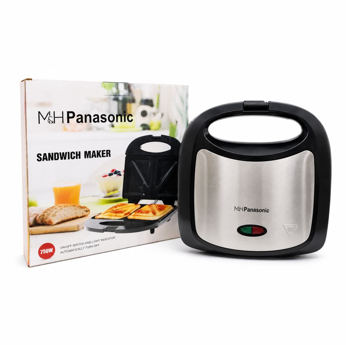 M&H Panasonic 750W non-stick sandwich maker with box on white background