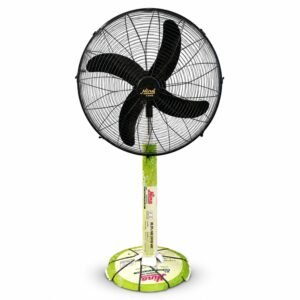 Hino black heavy duty pedestal fan with five blades standing in a garden