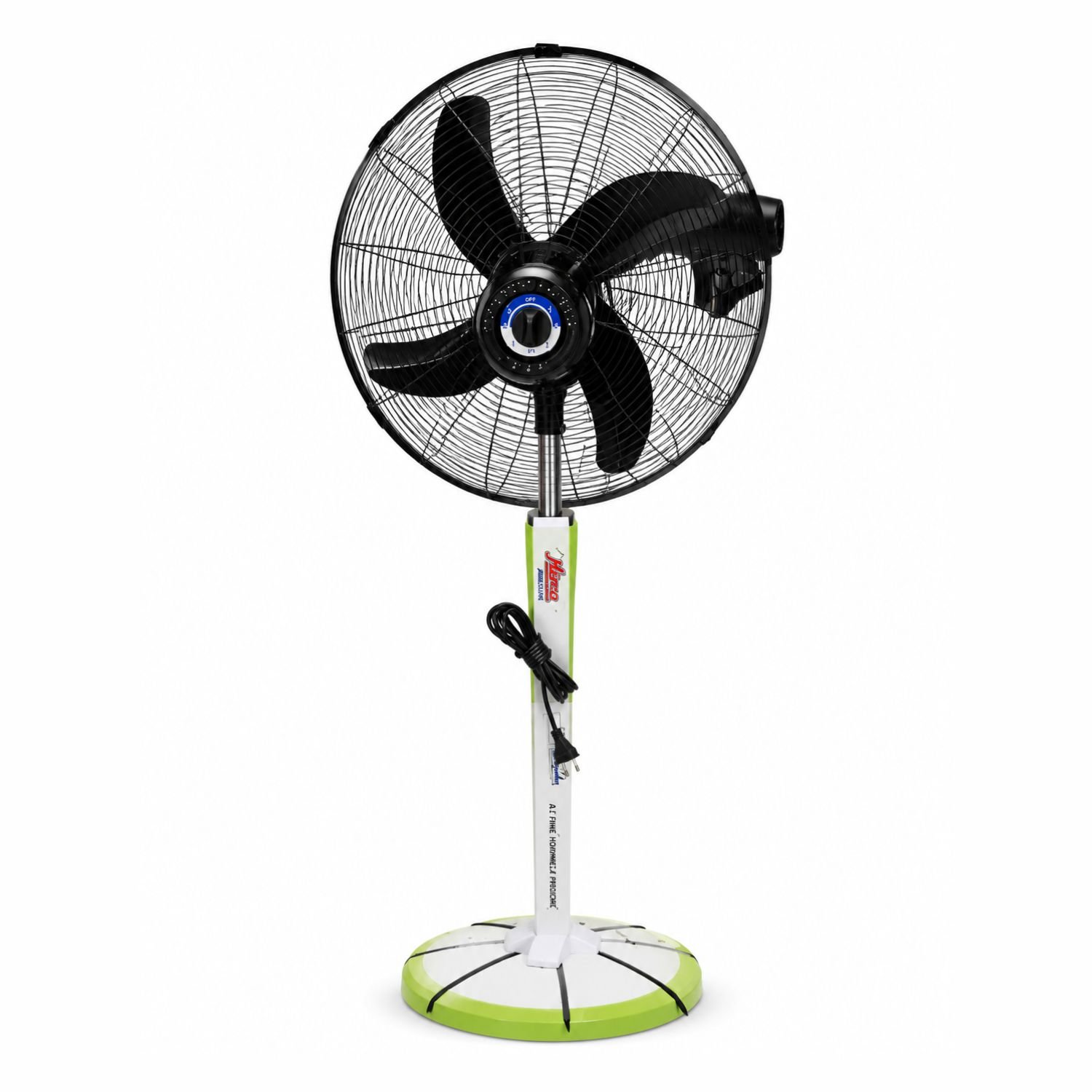 Hino black heavy duty pedestal fan with five blades standing in a garden