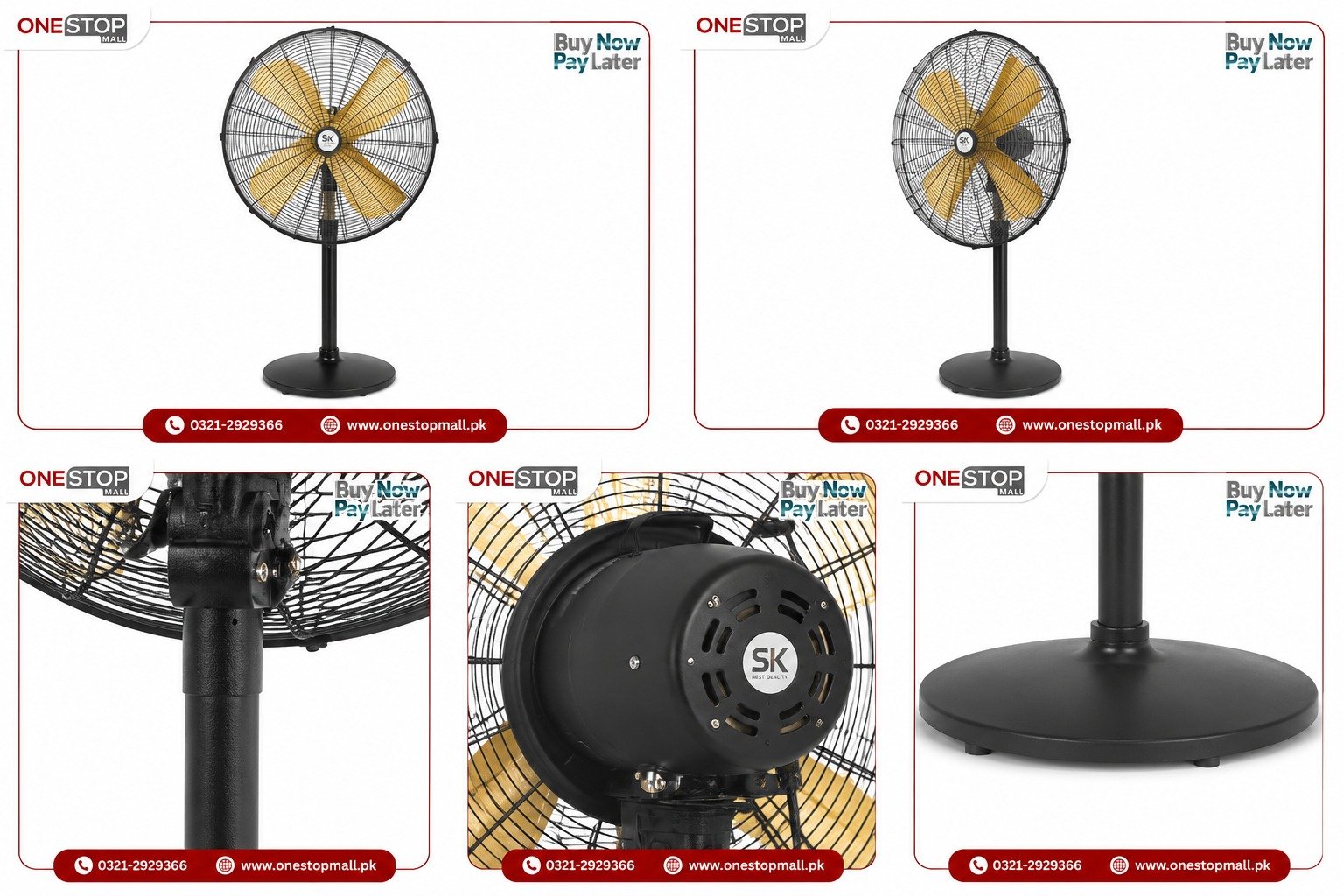 SK 24 Inch Standard Heavy Duty Pedestal Fan – Triple Speed, 5-Blade Aerodynamic Design, Adjustable 5 Feet Height, Black & Gold, Brand Warranty - Image 4