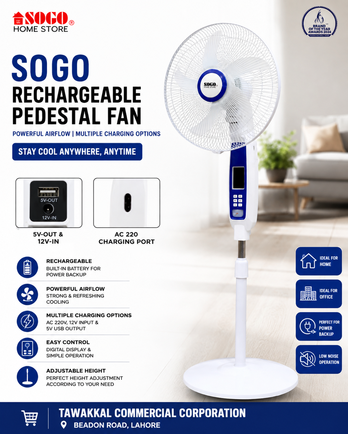 SOGO JPN-650R Rechargeable Floor Fan – 16 Speed AC/DC Fan with Remote, LED Light & USB Output - Image 2