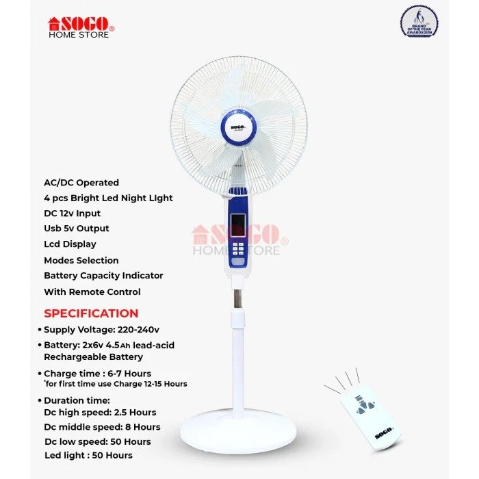 SOGO JPN-650R Rechargeable Floor Fan – 16 Speed AC/DC Fan with Remote, LED Light & USB Output - Image 5