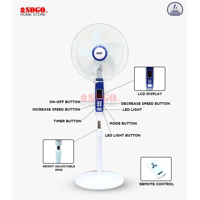 SOGO JPN-650R Rechargeable Floor Fan – 16 Speed AC/DC Fan with Remote, LED Light & USB Output - Image 4