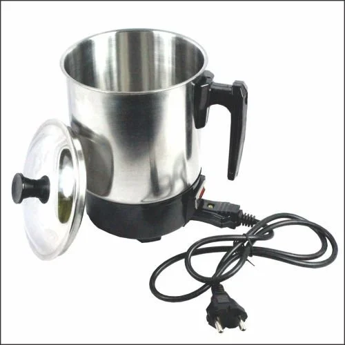 electric tea kettle with stainless steel body and black plastic handle and base