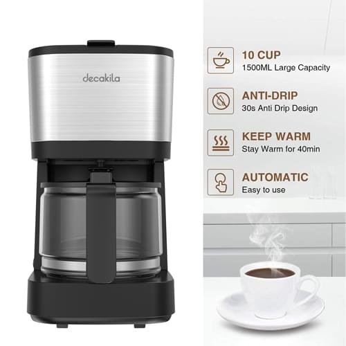 DECAKILA 10-Cup Coffee Maker with Reusable Filter | Stainless Steel Drip Coffee Machine with Glass Carafe, Keep-Warm Function and Auto Shut-off - Image 2