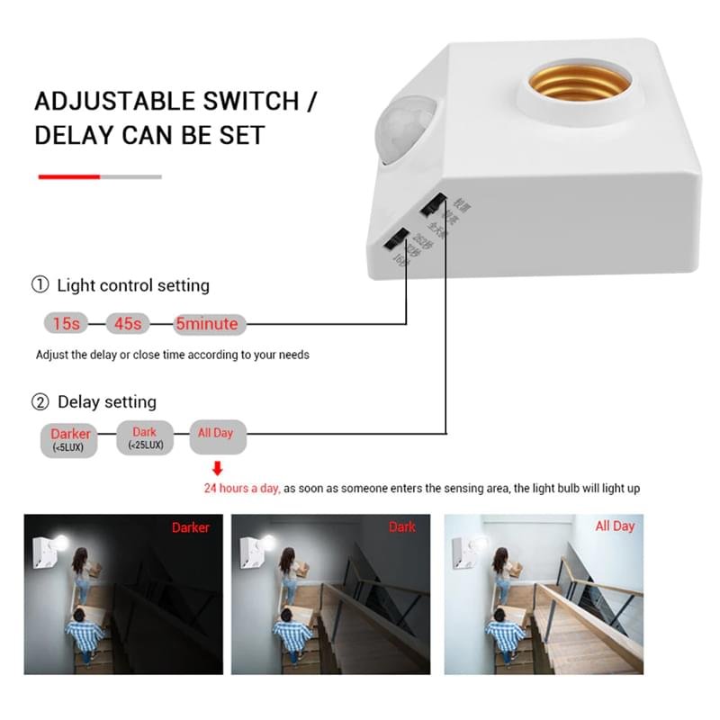 SIC AC110-240V White PIR Automatic Human Body Infrared IR Sensor Lamp Holder E27 LED Bulb Detector Up to 100W Rated load Wall Pavement/Mounted Switch for Garden Home Workplace Warehouse Factory for safety and security - Image 3