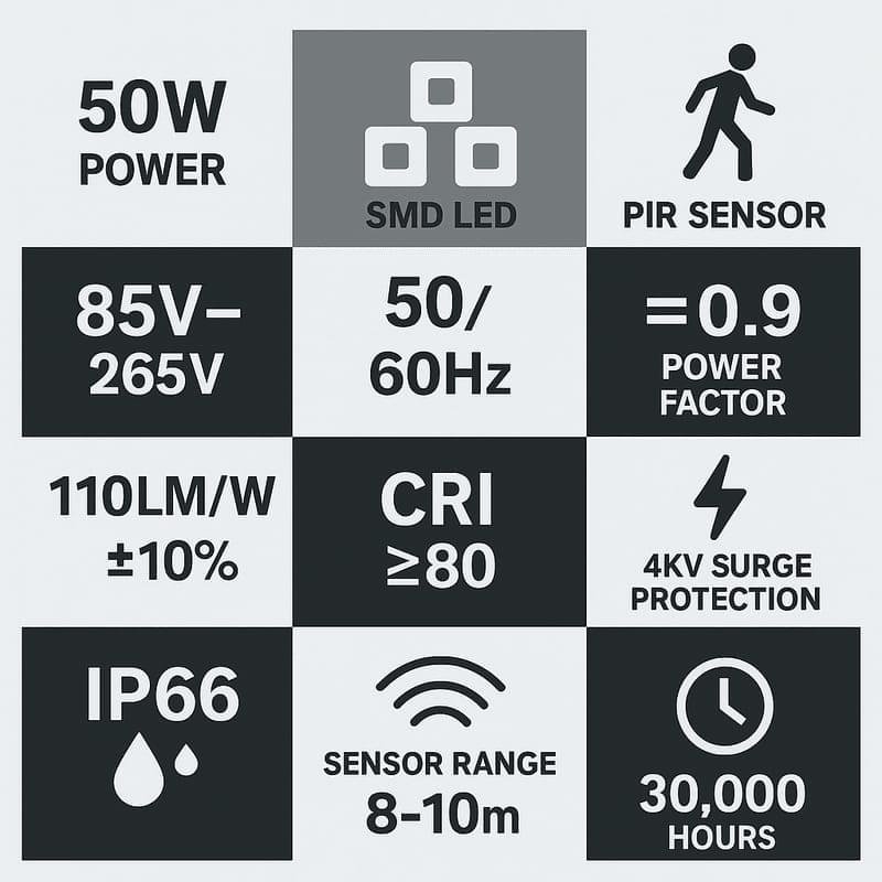 SIC 50W PIR Motion Sensor LED Flood Light | Waterproof Outdoor SMD Light (85V-265V) – PF 0.9 - Image 3