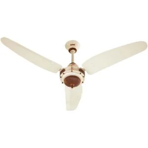 ceiling fan with 3 off white blades and brown center part