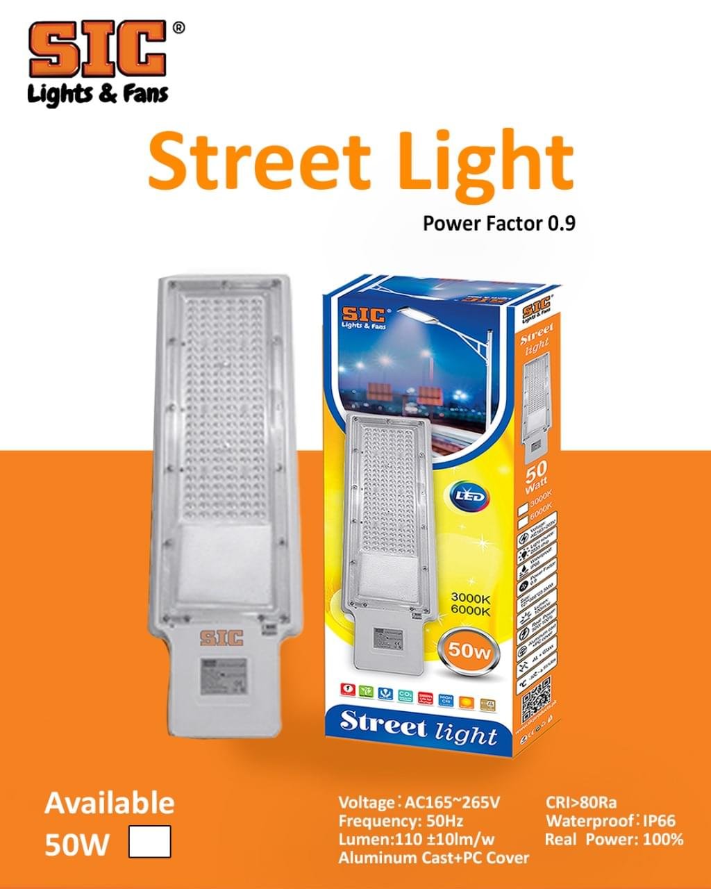 street light 50 watt aluminium body and glass front